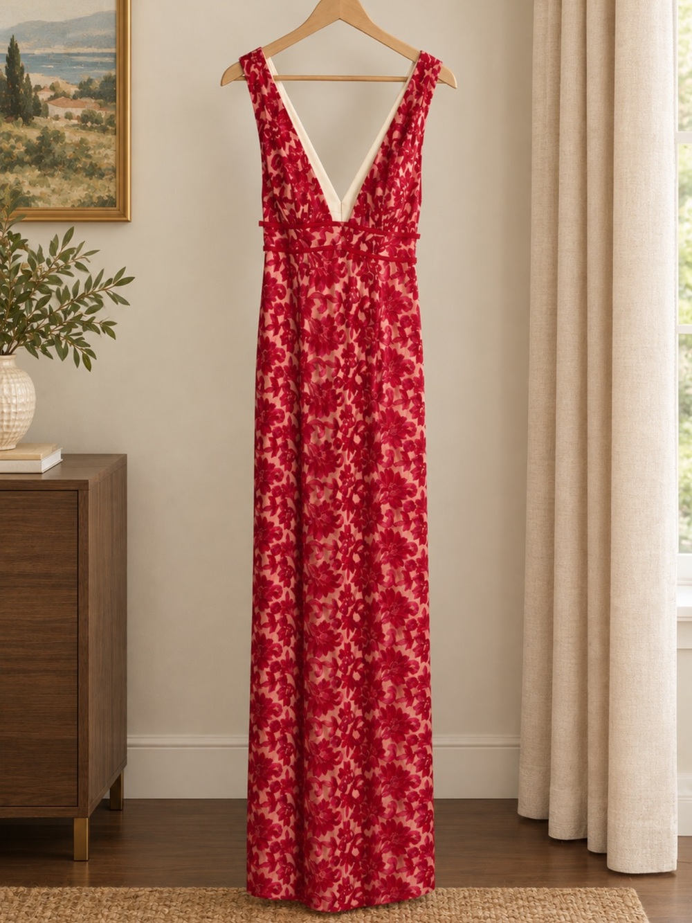 Gianni Bini Red Embroidered Floral V-Neck Maxi Slip